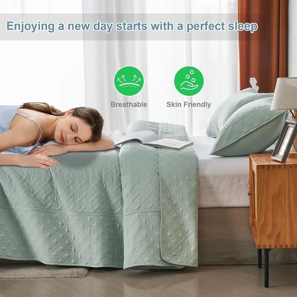 Quilt Set, 3 Piece Soft Basket Weave Sage Green Bedspread King Light Green